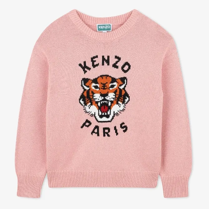 KENZO 粉色大童款老虎印花圆领毛衫