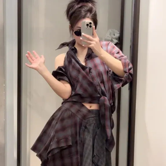 alexanderwang 蝴蝶结绑带格纹衬衫