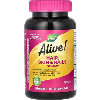 Nature's Way, Alive! 头发、肌肤和指甲呵护软糖，草莓味，60 粒